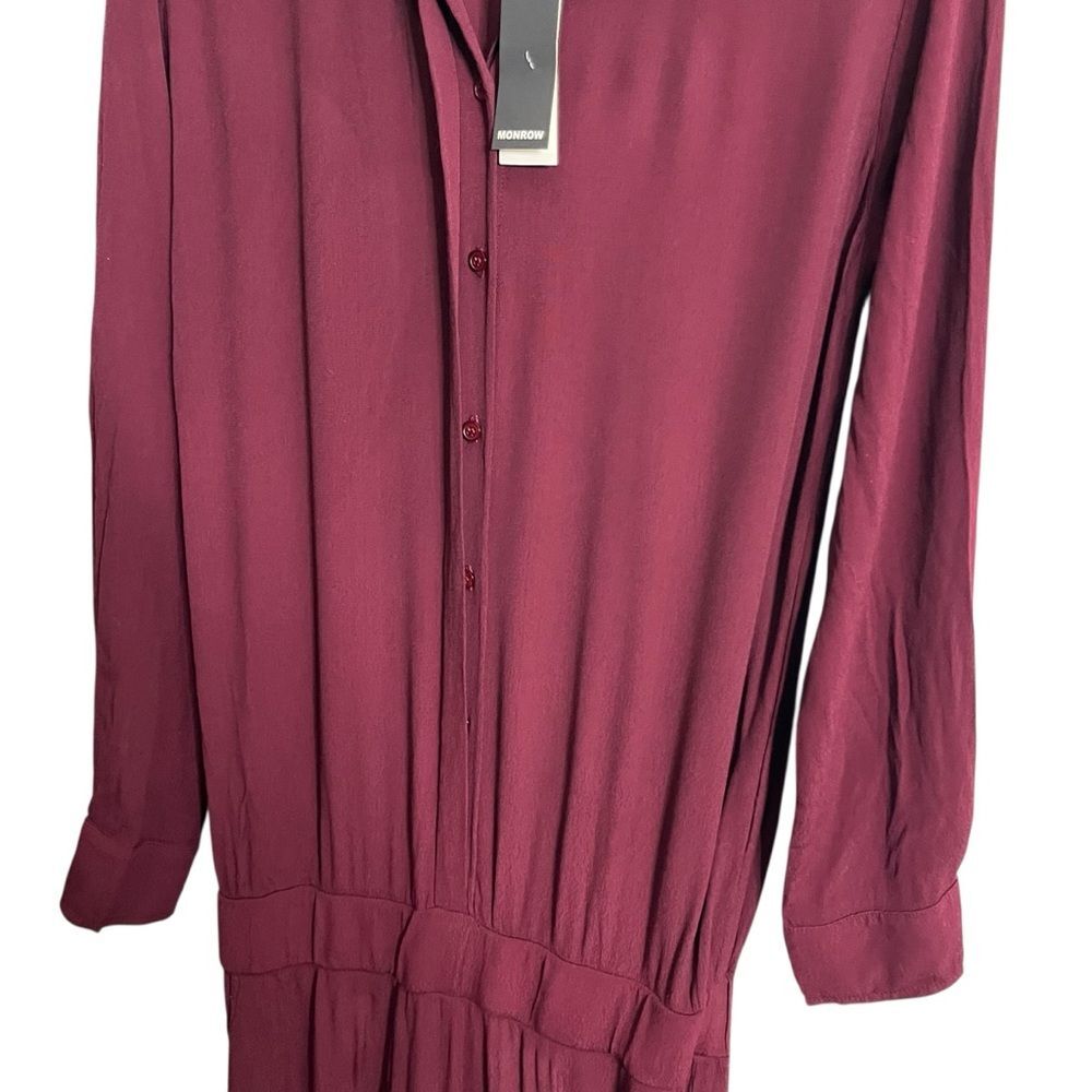MONROW NWT Crepe Jumpsuit Women’s XS Bordeaux Long Sleeve Button Waist Work - Picture 6 of 12